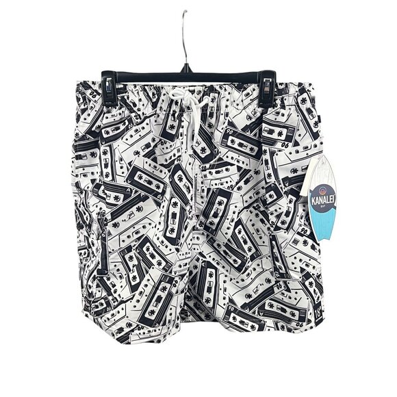 Kanalei Bay NWT Cassette Print Mens Swim Shorts L Black White Lined Beach Summer - Picture 9 of 10